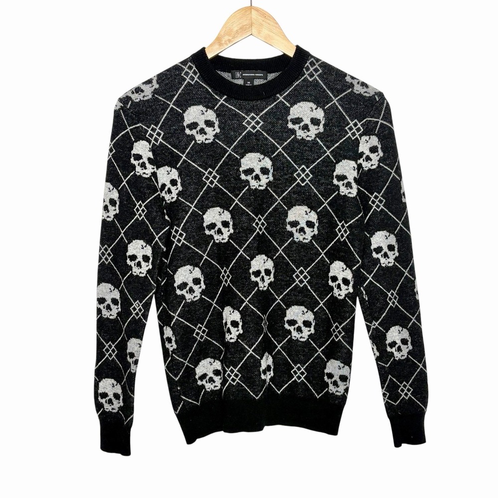 Skull Cashmere Wool Sweater Womens XS Goth Preppy Witchy Halloween Dark Academia